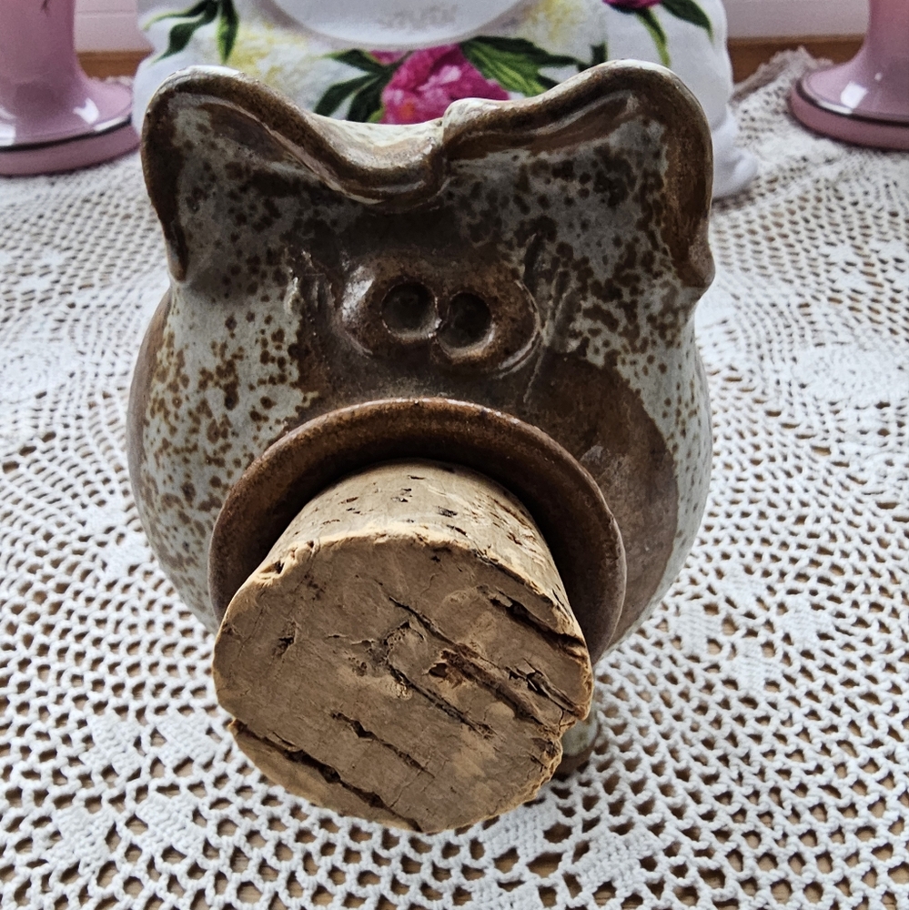Pottery Piggy Bank Artist Signed "B" On Bottom.  With Cork Nose